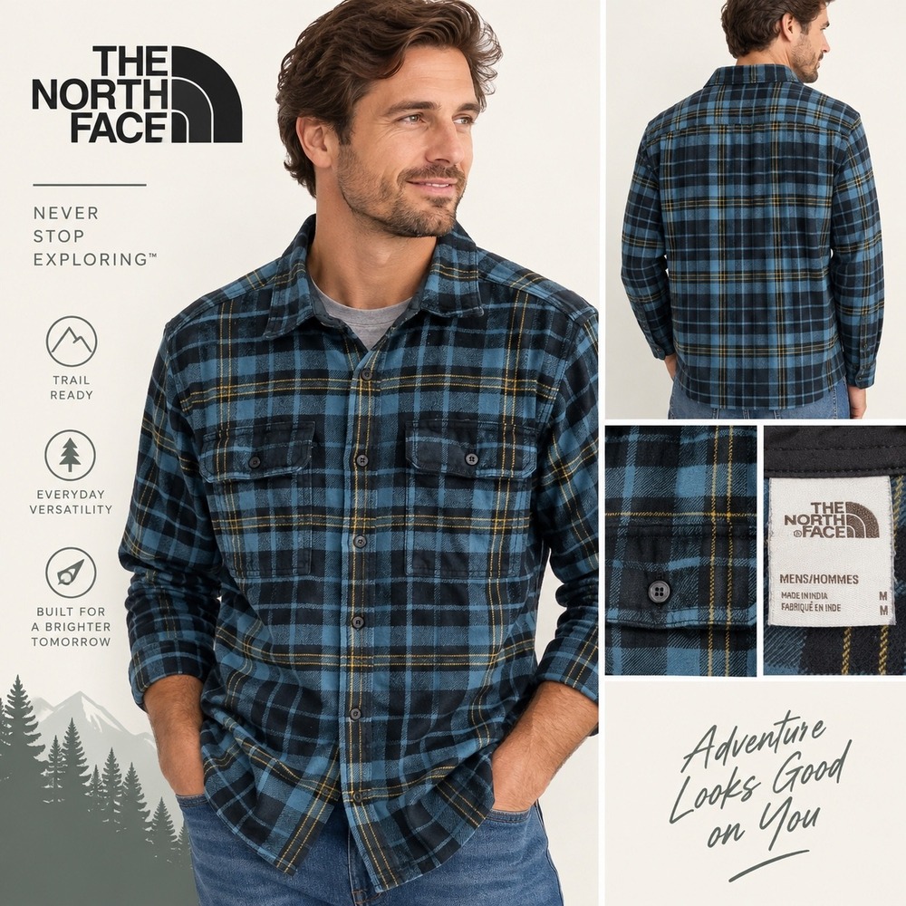 The North Face Mens Plaid Flannel Button Down Shirt Blue Black Medium Gorpcore